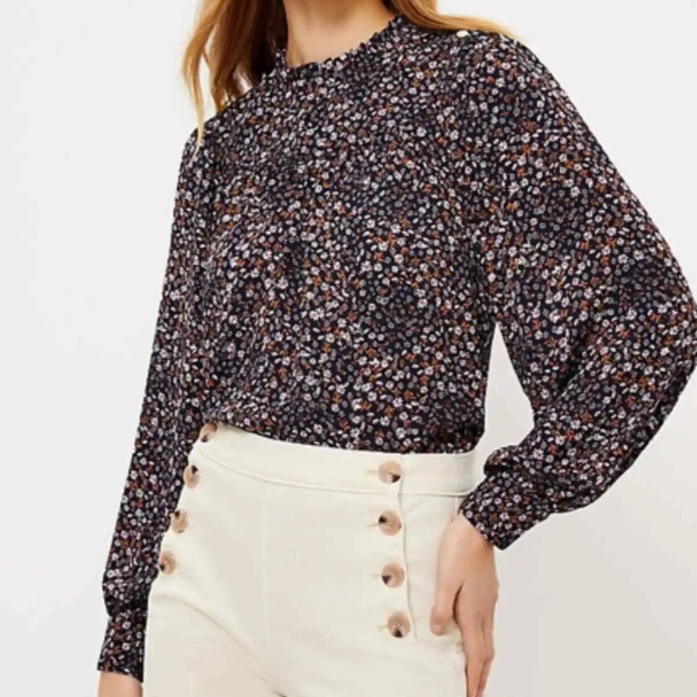 Loft Floral Ruffle Neck Bib Blouse